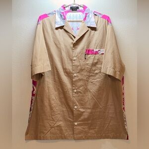 Versace Beige Short-Sleeve Button-Down Shirt with Pink Accents